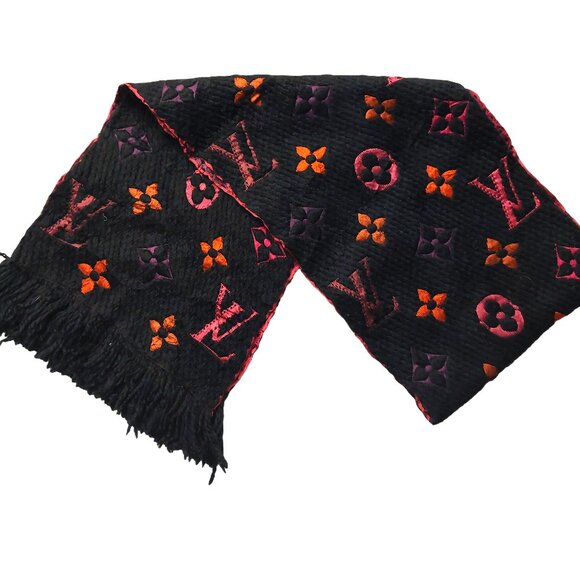Louis Vuitton LV Black Pink Orange Multi-color Shine Monogram Logomania Scarf